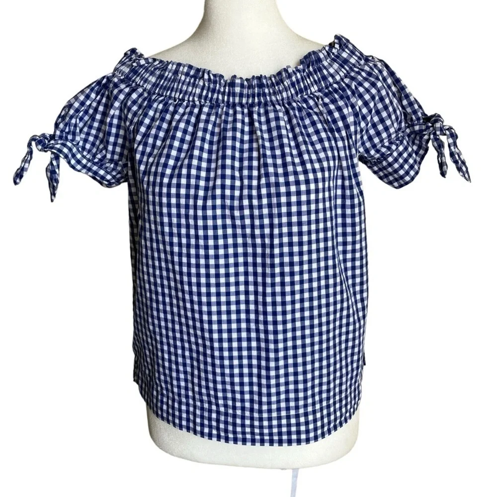 J. Crew Blue White Gingham Checkered Off The Shoulder Top Cottagecore Size 2
